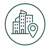 Green outline icon of buildings with a location pin inside a circle