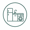 Green line icon of a kitchen with refrigerator, sink, and washing machine inside a circle