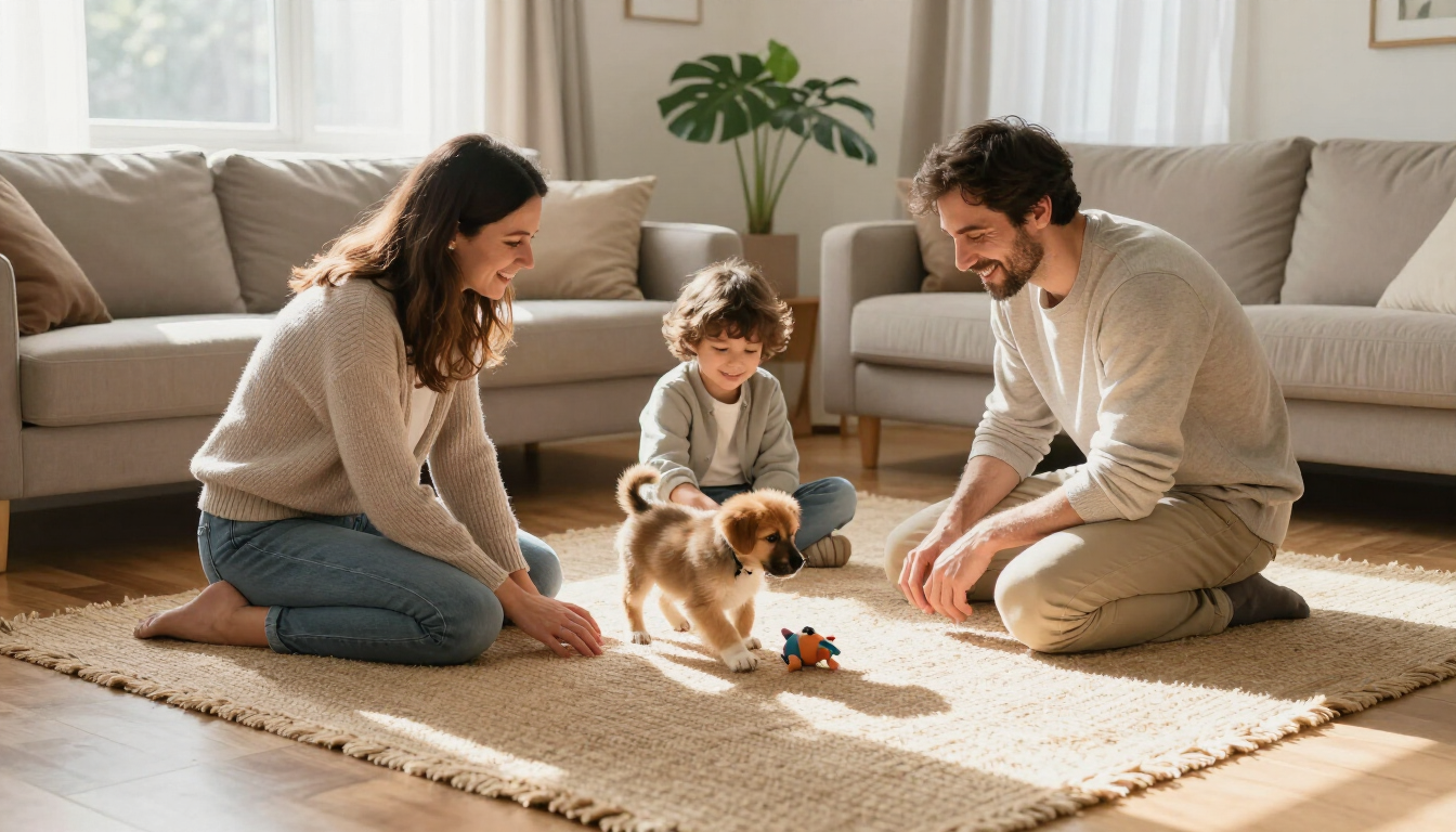 Una familia juega con un cachorro sobre una alfombra en una sala de estar bañada por el sol