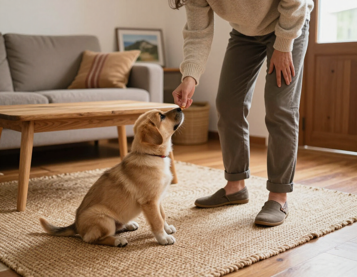 Una persona adiestra a un cachorro de color canela en casa, sobre una alfombra junto a un sofá y una mesa de centro