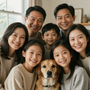 Familia sonriente reunida en el interior, con un beagle en el centro.
