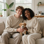 Una pareja sonriente en un sofá con un cachorro en brazos, en una sala de estar luminosa