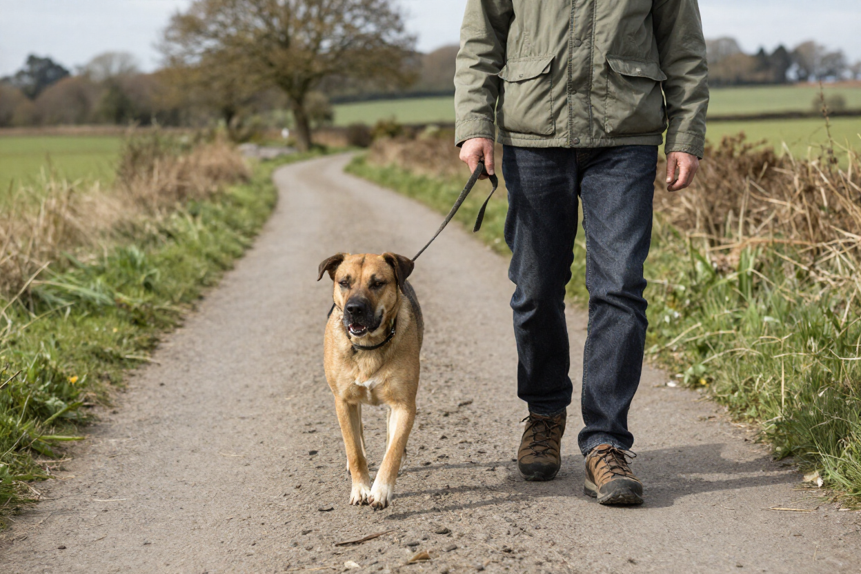 Una persona paseando a un perro de color canela por un camino rural