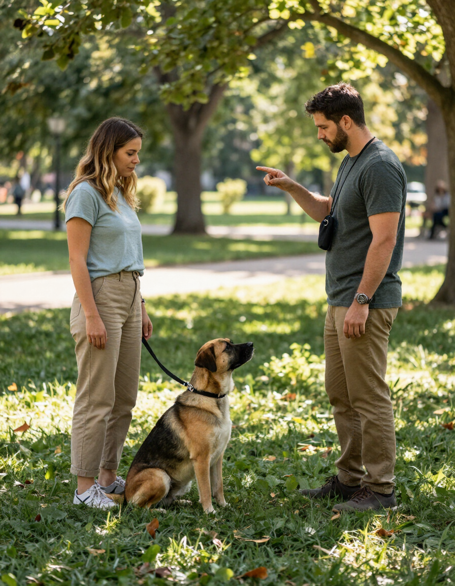 Dos personas adiestrando a un perro en un parque soleado, con el perro sentado y sujeto con una correa.