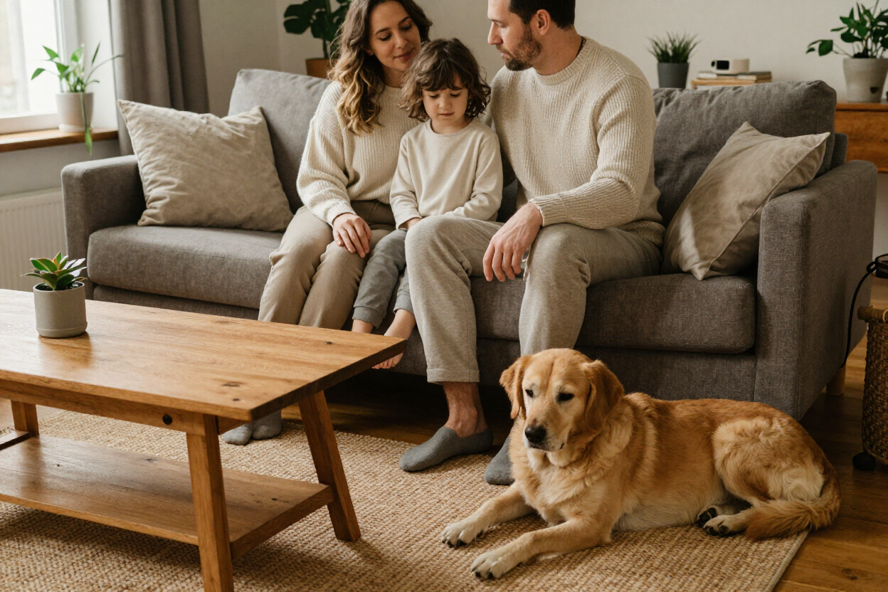 Una familia sentada en un sofá gris, con un perro dorado tumbado en el suelo de una acogedora sala de estar.
