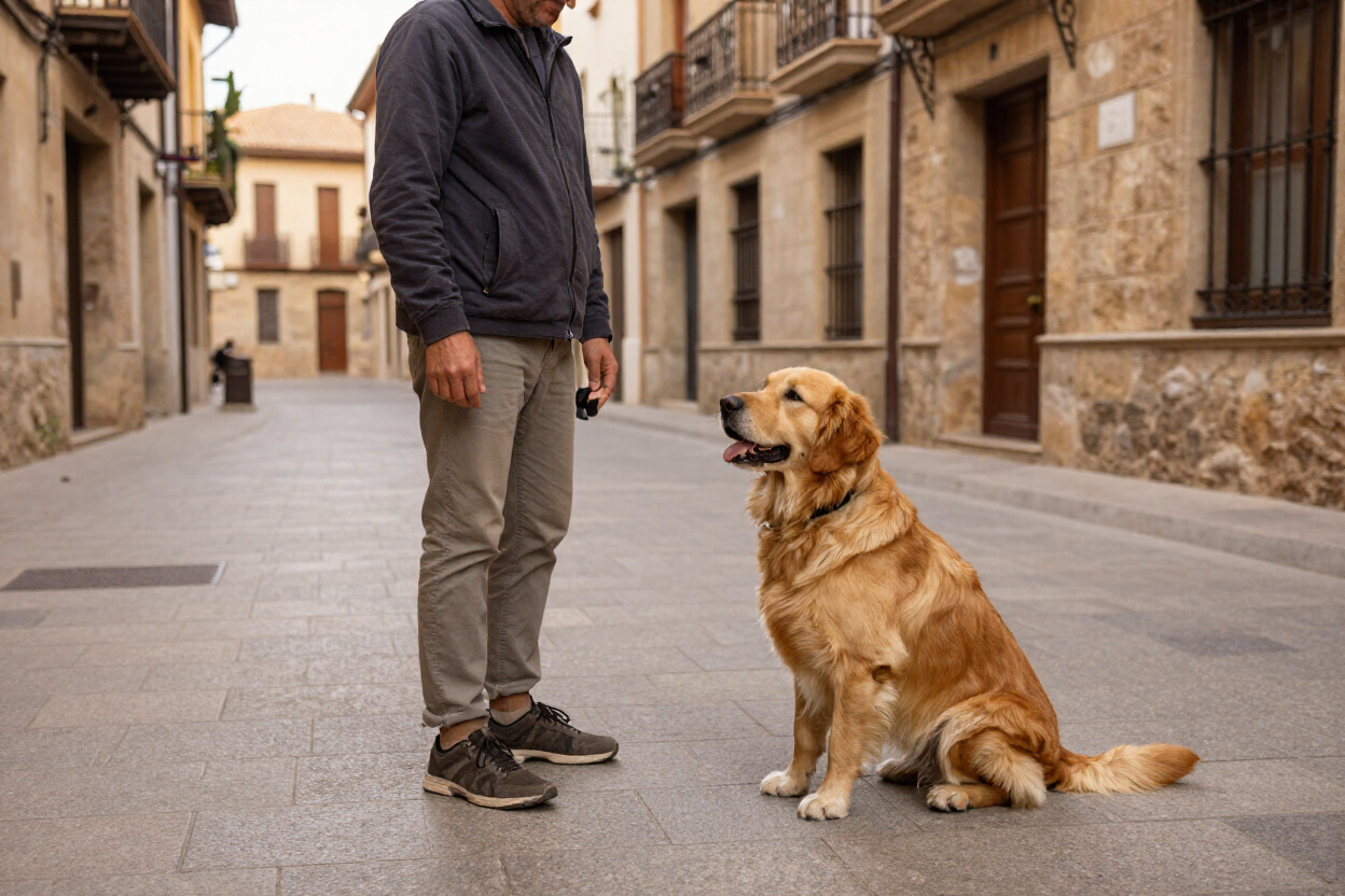 Un hombre de pie junto a un golden retriever sentado en una calle tranquila de un pueblo con muros de piedra.