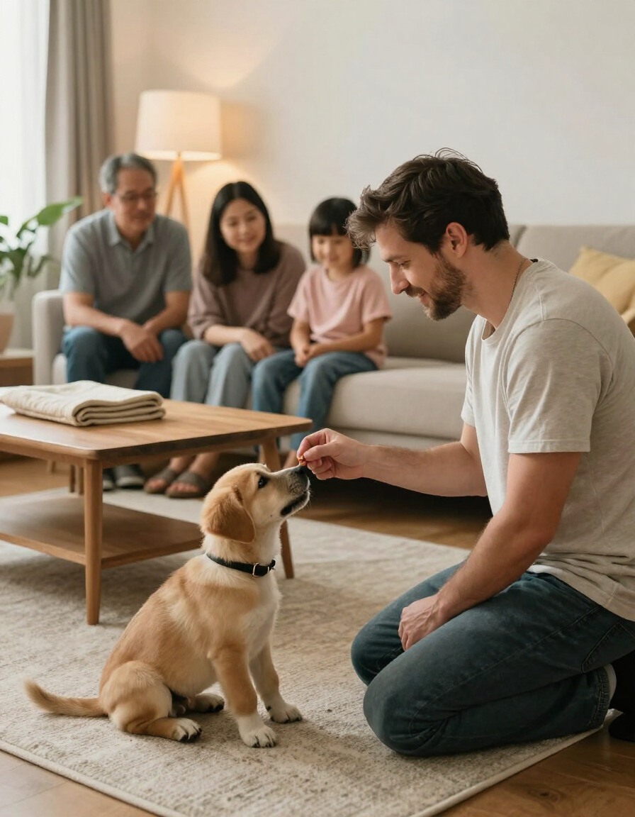 Un hombre está arrodillado sobre una alfombra, acariciando a un cachorro de color canela mientras una familia lo observa desde el sofá en una sala de estar luminosa
