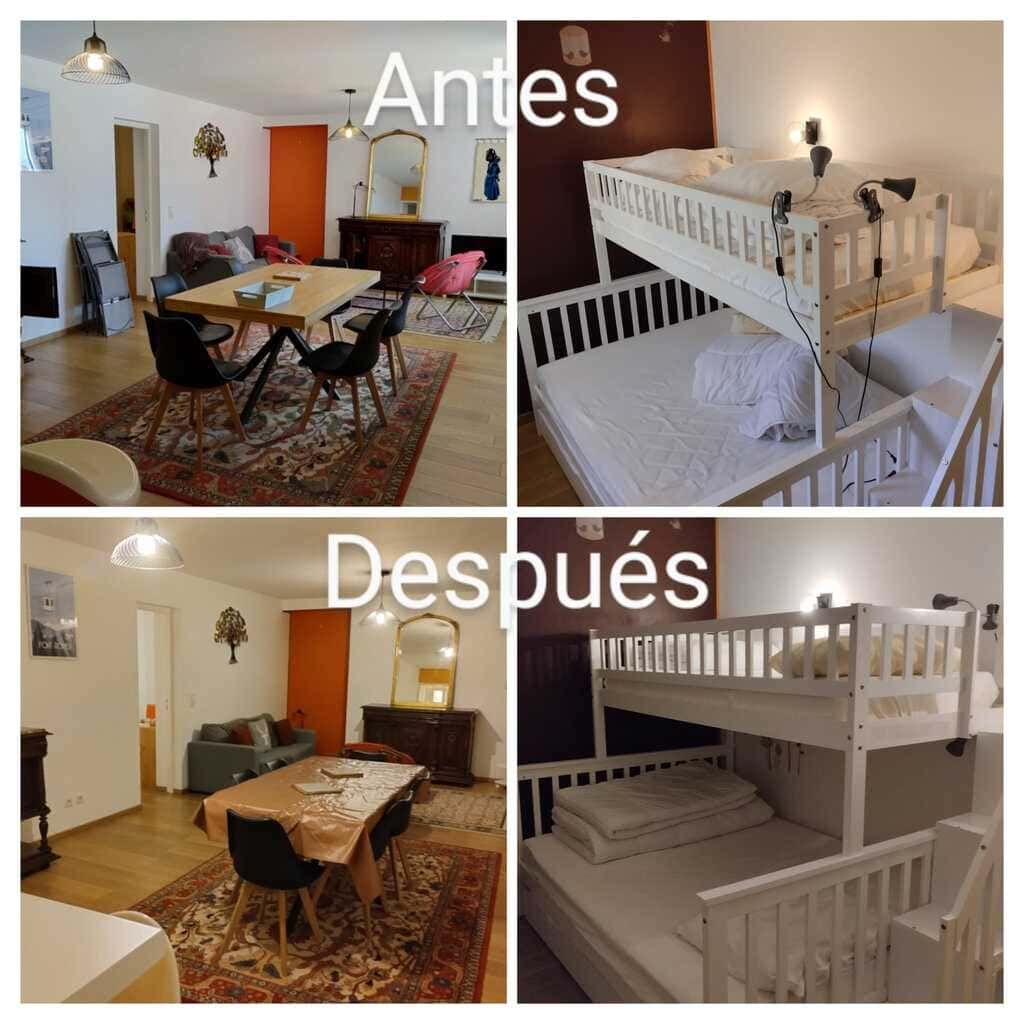 Imagen del antes y el después de un comedor transformado en una habitación infantil con una cuna blanca con literas.
