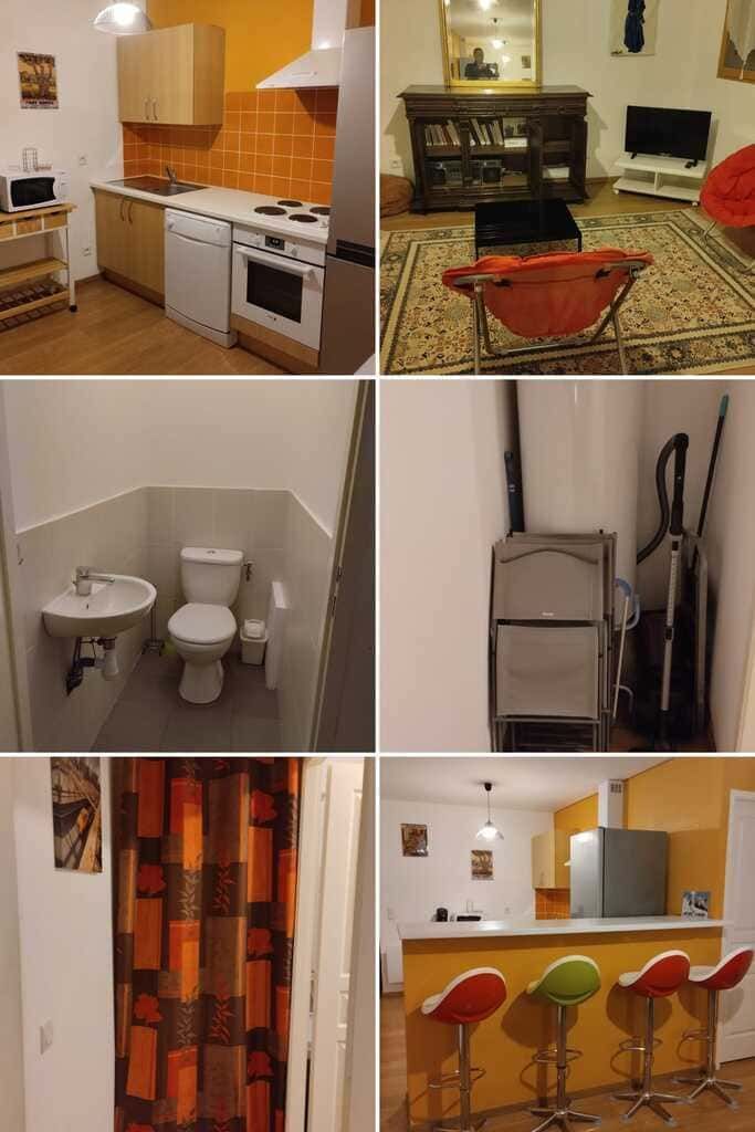 Collage de una cocina luminosa, un salón con chimenea, un baño pequeño, un pasillo y taburetes de bar junto a una barra