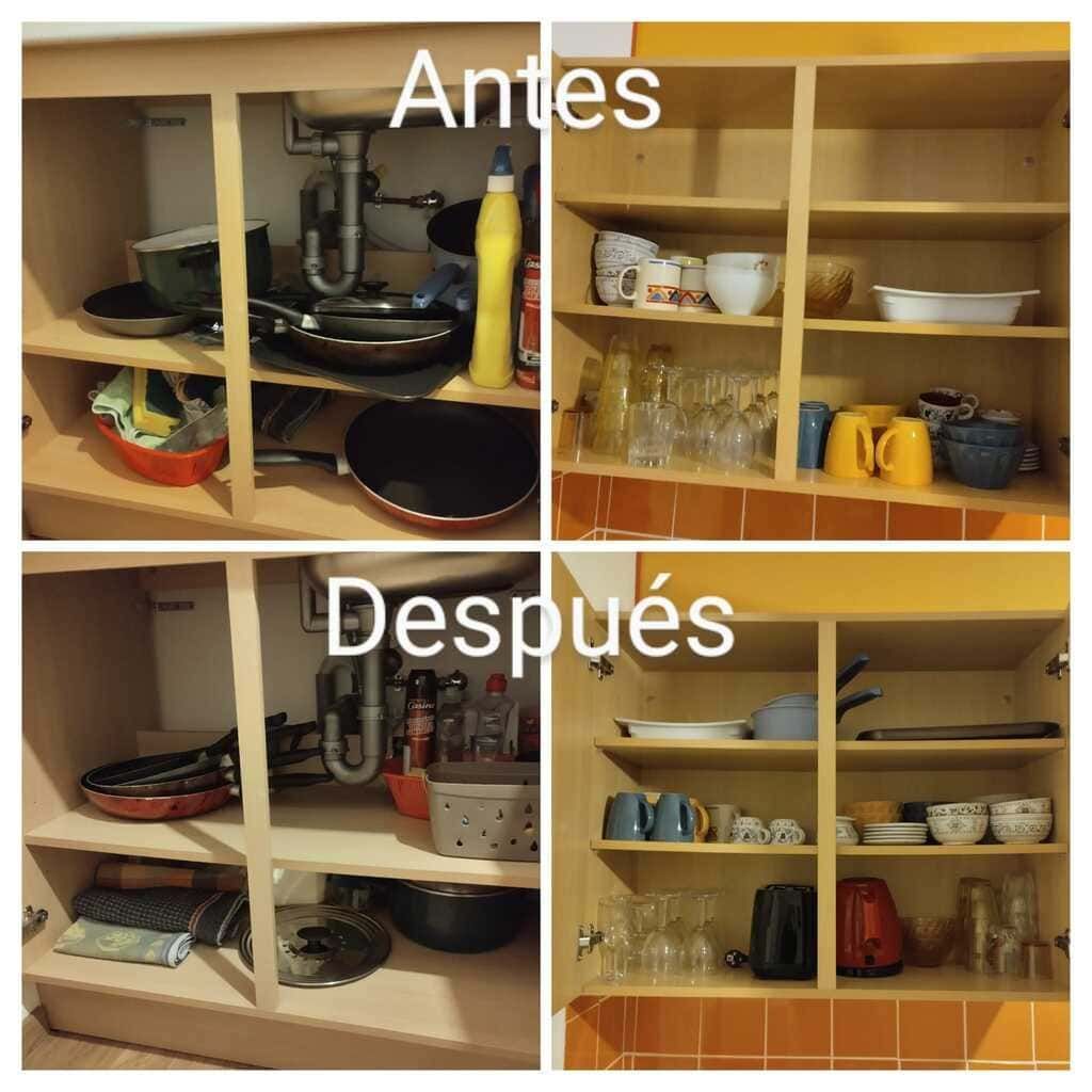Antes y después de ordenar el armario: estantes desordenados y platos organizados cuidadosamente dentro de un armario de cocina.
