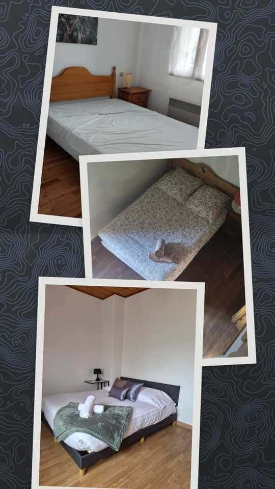 Collage de tres dormitorios con suelo de madera, paredes blancas y camas bien hechas.