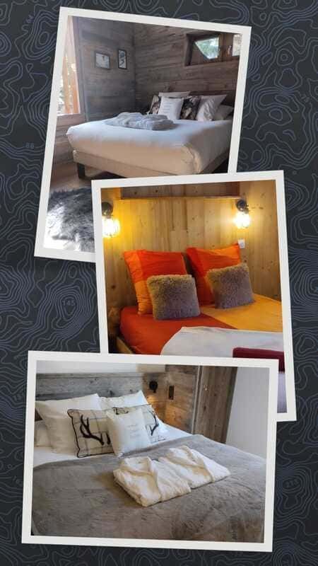 Collage de tres camas de dormitorio decoradas con ropa de cama blanca, naranja y gris en distintos ambientes interiores