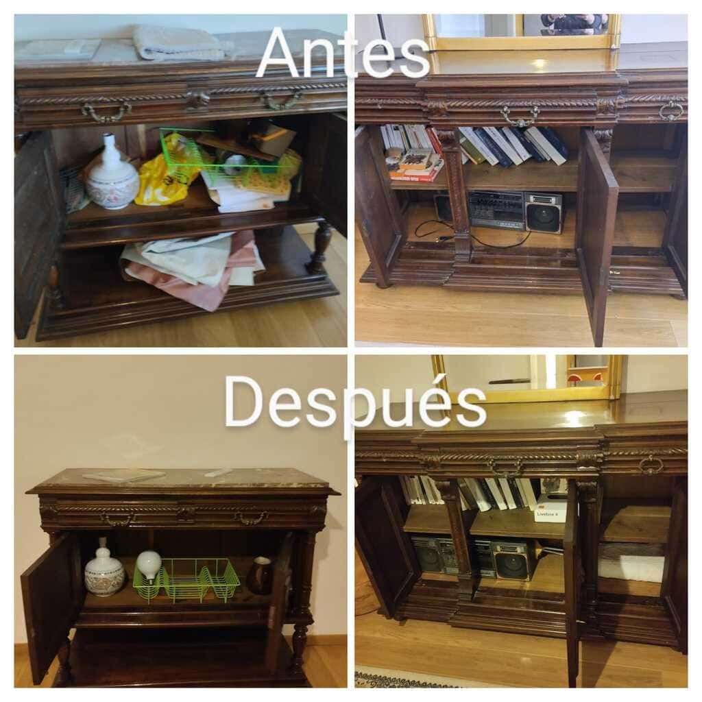 Collage de antes y después de un armario de madera ordenado y limpio, con las etiquetas «Antes» y «Después»