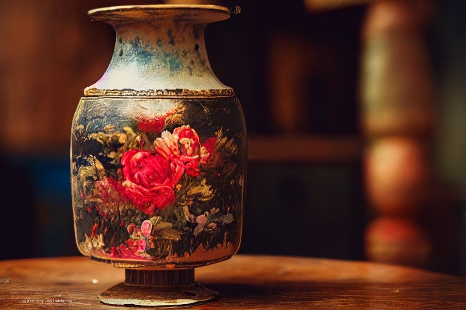 Eine antike, mit Blumen bemalte Vase, zum Verkauf angeboten durch Haushaltsberäumung Marcel Granz