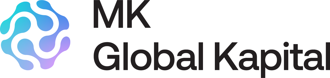 Logotipo de Mikro Kapital con texto rojo y azul y gráficos abstractos.