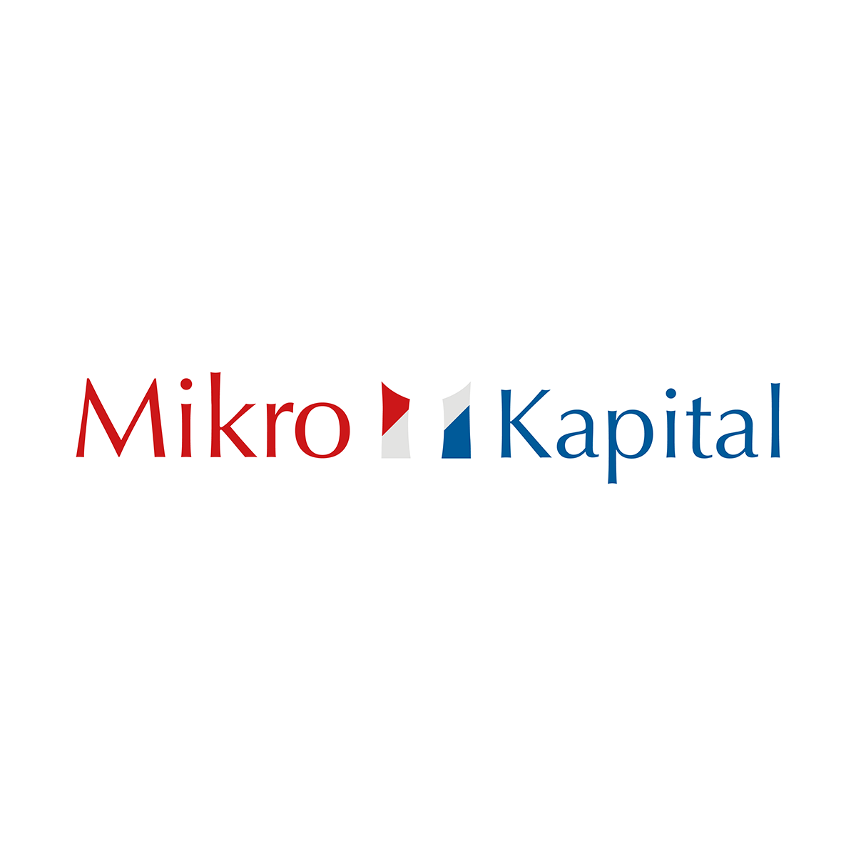 Logotipo de Mikro Kapital con texto rojo y azul y gráficos abstractos.