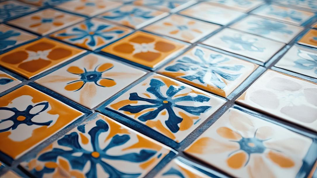 Primer plano de un patrón de mosaico con diseños florales en amarillo, blanco y azul.