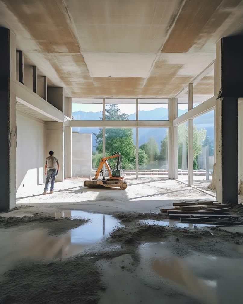 Sitio de construcción con grandes ventanales con vista a la montaña; trabajador y pequeña excavadora en el interior.