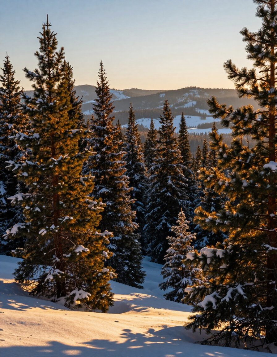 Snow-laden pine forest at golden hour in the Brian Head, Utah mountains