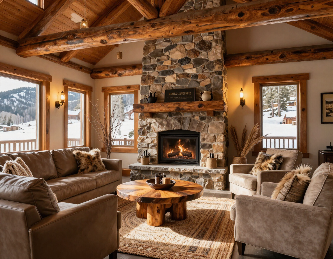 Premium managed mountain cabin interior with stone fireplace and timber beams