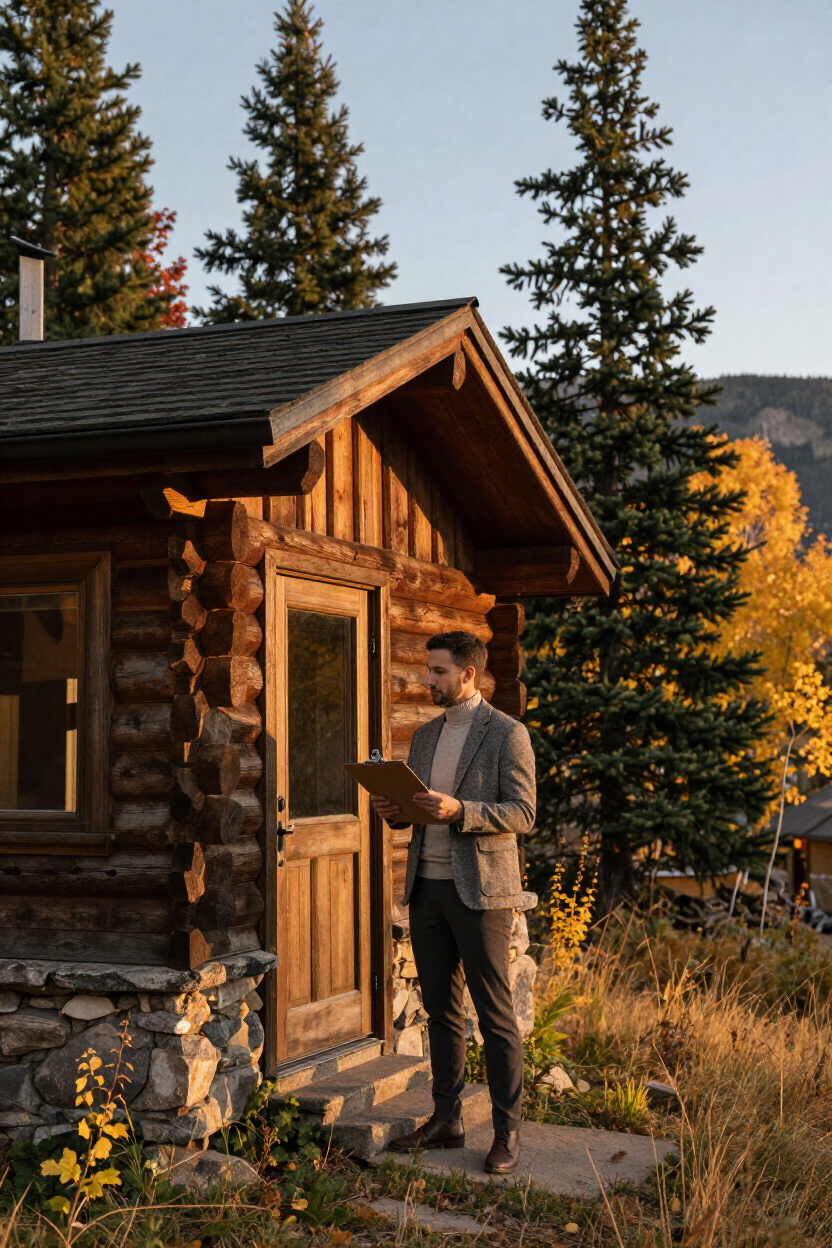 Diamond Peak team reviewing a mountain cabin property