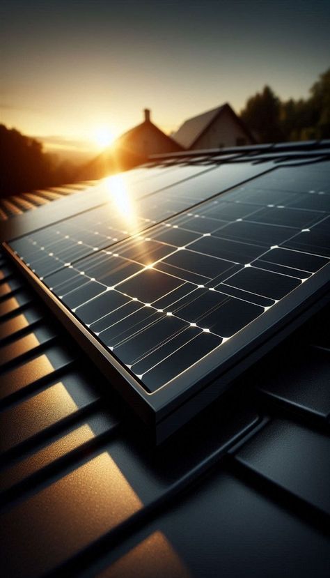 Paneles solares instalados en un tejado, reflejando la luz dorada del atardecer.