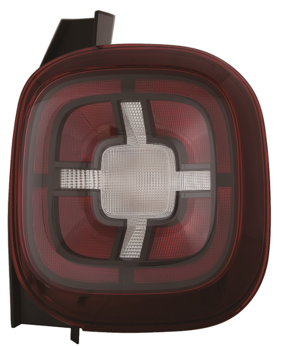 Luz trasera de coche de color rojo y negro con diseño cuadrado y detalles de luz blanca.