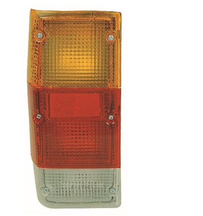 Luz trasera de coche con secciones naranja, roja y blanca.