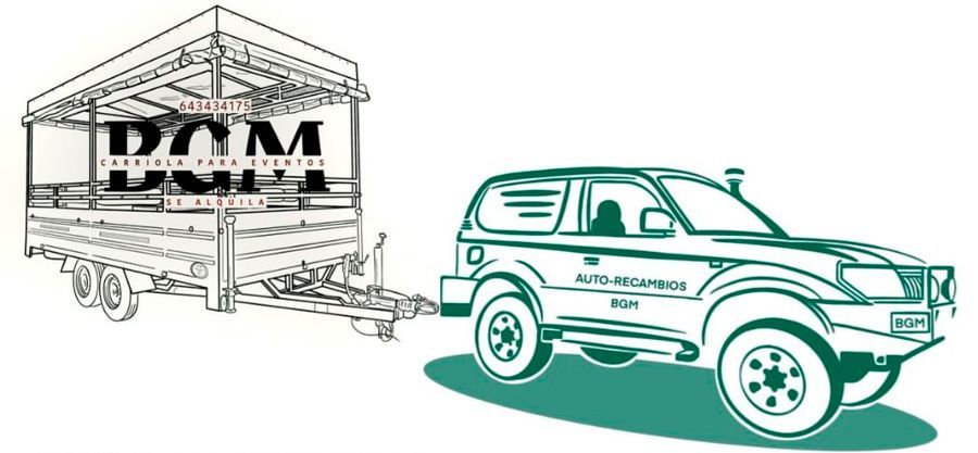 Logotipo verde de un vehículo todoterreno con el texto "AUTO-RECAMBIOS BGM" debajo, "RECAMBIOS NUEVOS Y DE DESGUACE" y número de teléfono.