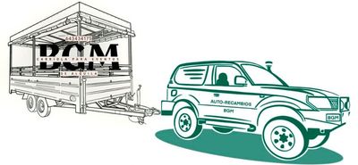 Logotipo verde de un vehículo todoterreno con el texto "AUTO-RECAMBIOS BGM" debajo, "RECAMBIOS NUEVOS Y DE DESGUACE" y número de teléfono.