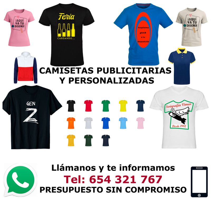 Camisetas promocionales de diferentes colores y diseños, con número de teléfono e icono de WhatsApp.