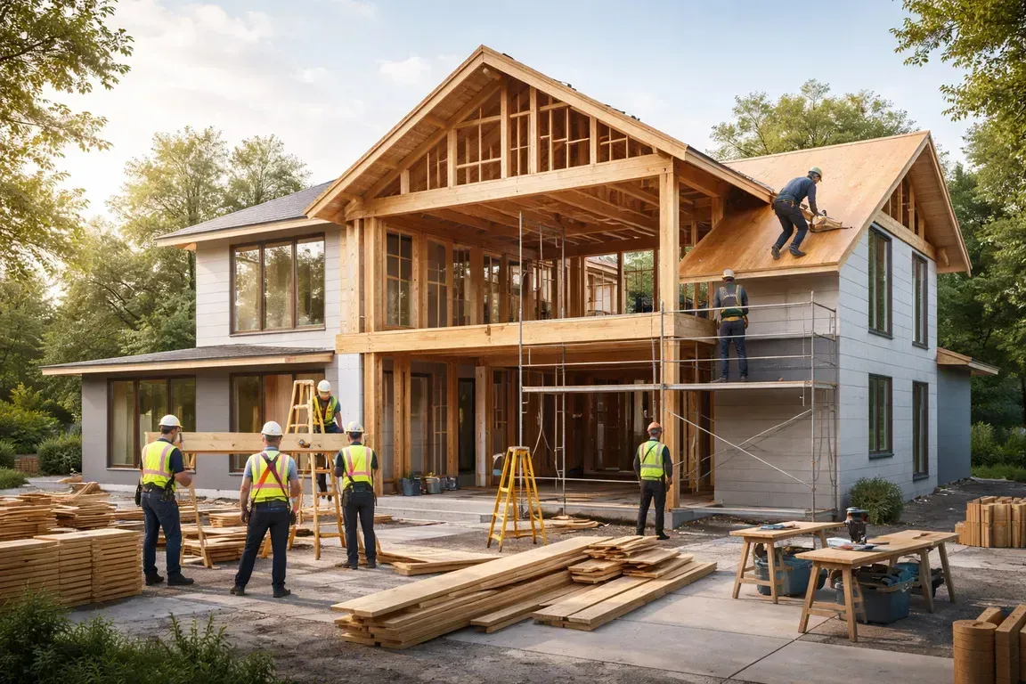 Pintor en una escalera de mano aplicando pintura a una pared en un pasillo interior.