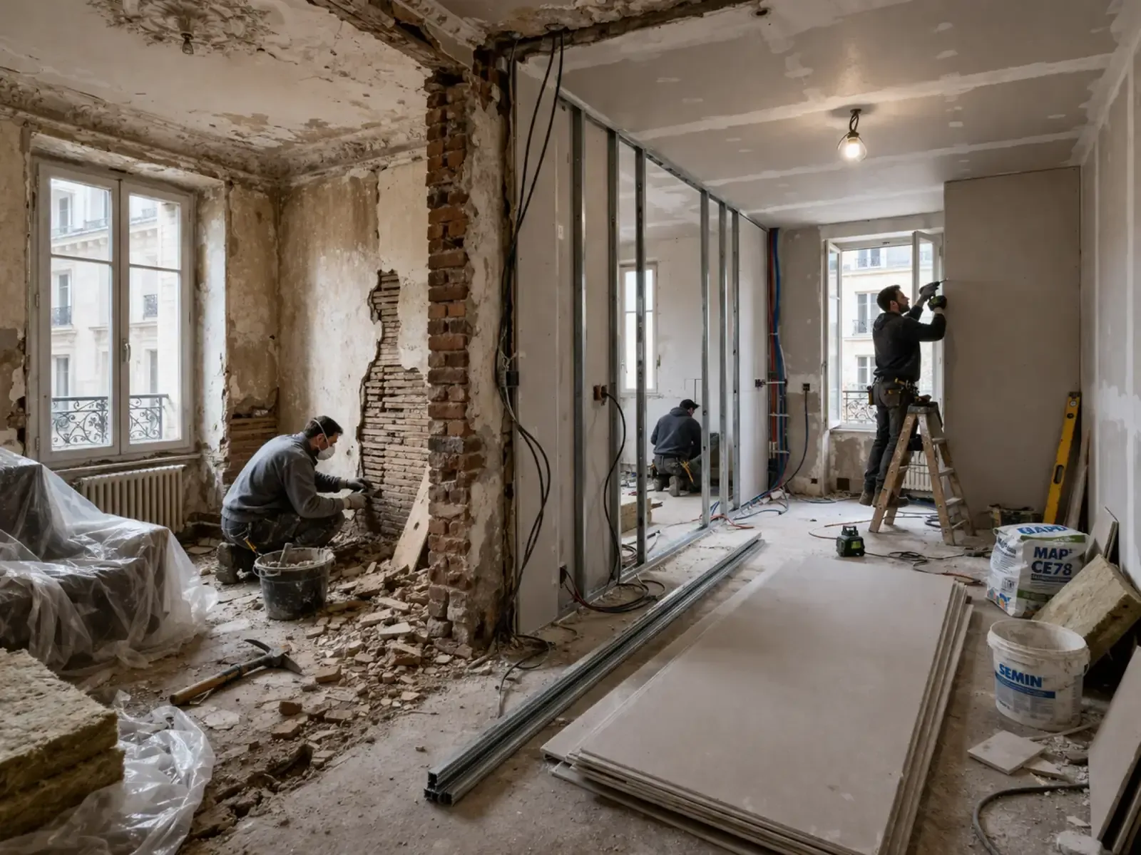 Una persona con casco rojo y equipo de protección se toma una selfie en un tejado, con un compañero de trabajo sujeto con una correa detrás.