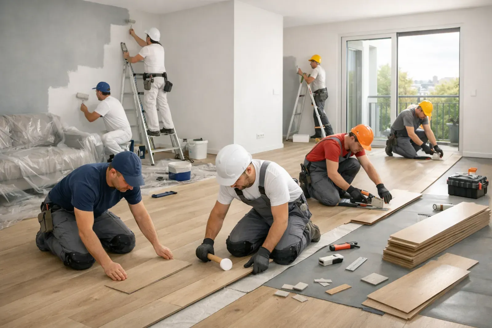 Edificio blanco siendo pintado por un trabajador en un ascensor, día soleado.