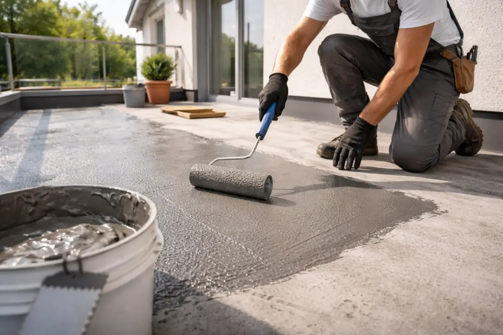 Dos trabajadores con trajes protectores blancos contra materiales peligrosos y arneses de seguridad apilan cuidadosamente paneles de techo corrugados en un tejado.
