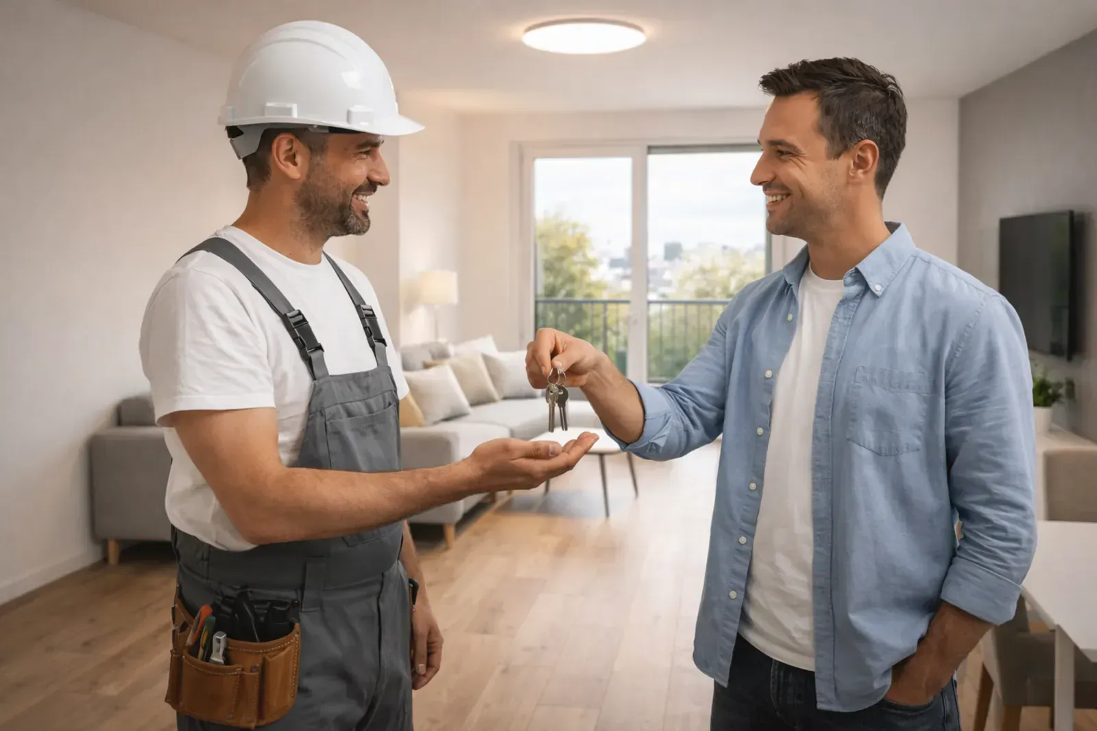 Un profesional con ropa de trabajo y casco entrega las llaves de una casa a un hombre con camisa informal dentro de un apartamento moderno y amueblado.