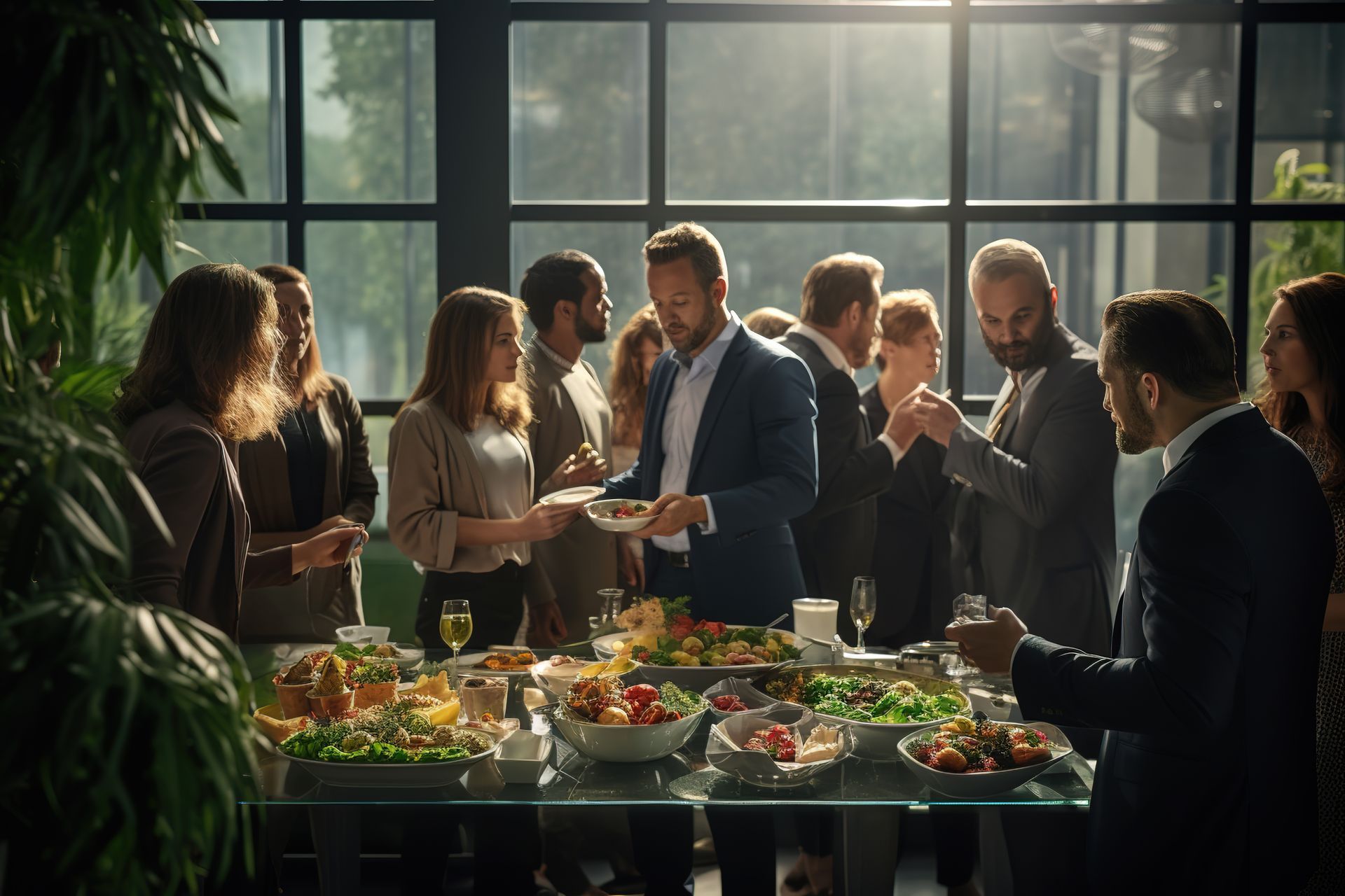 Plusieurs personnes qui se tiennent à côté d'un buffet à volonté en entreprise.