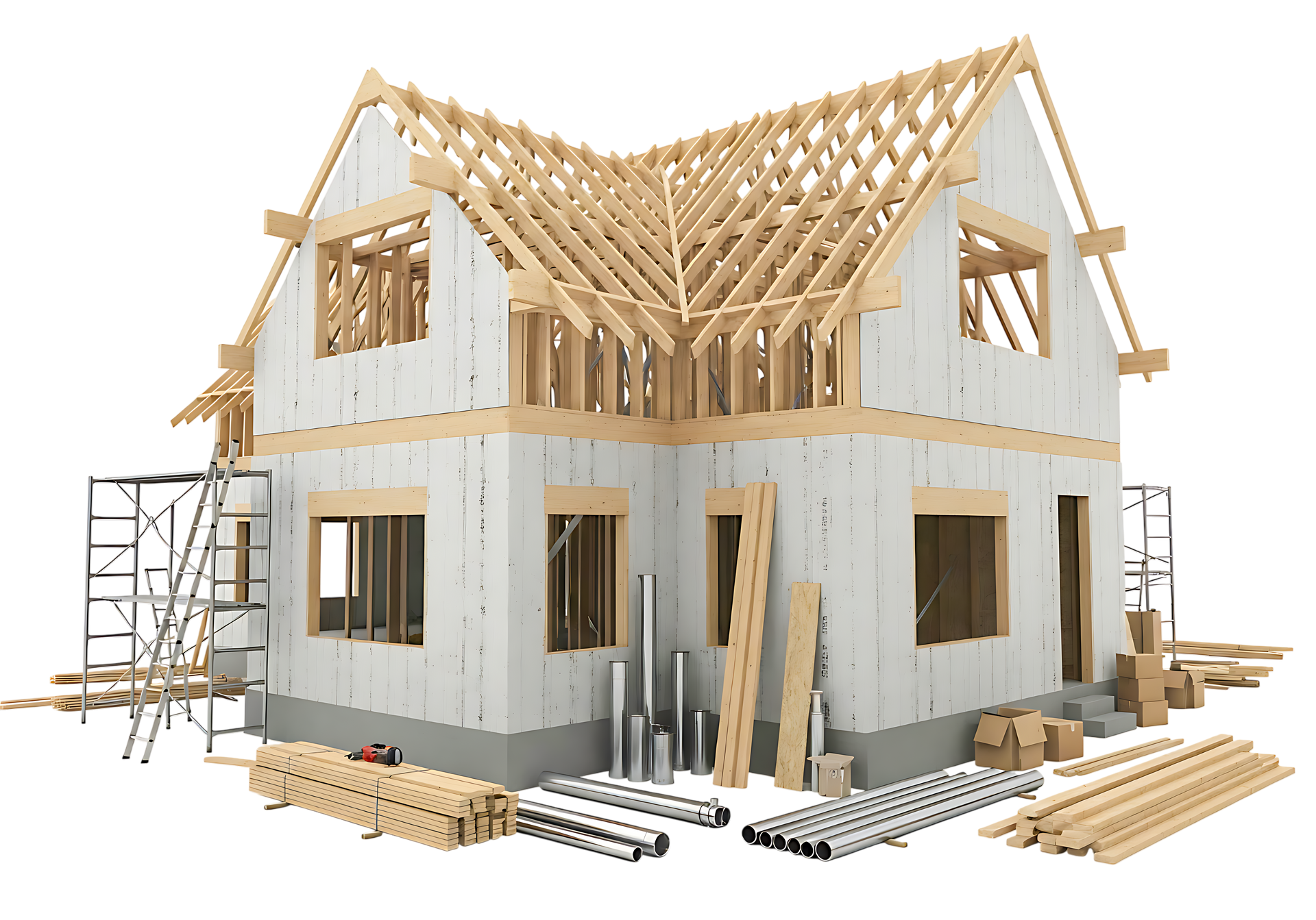 Maison à deux étages en construction, avec une charpente de toit en bois apparente et des échafaudages.