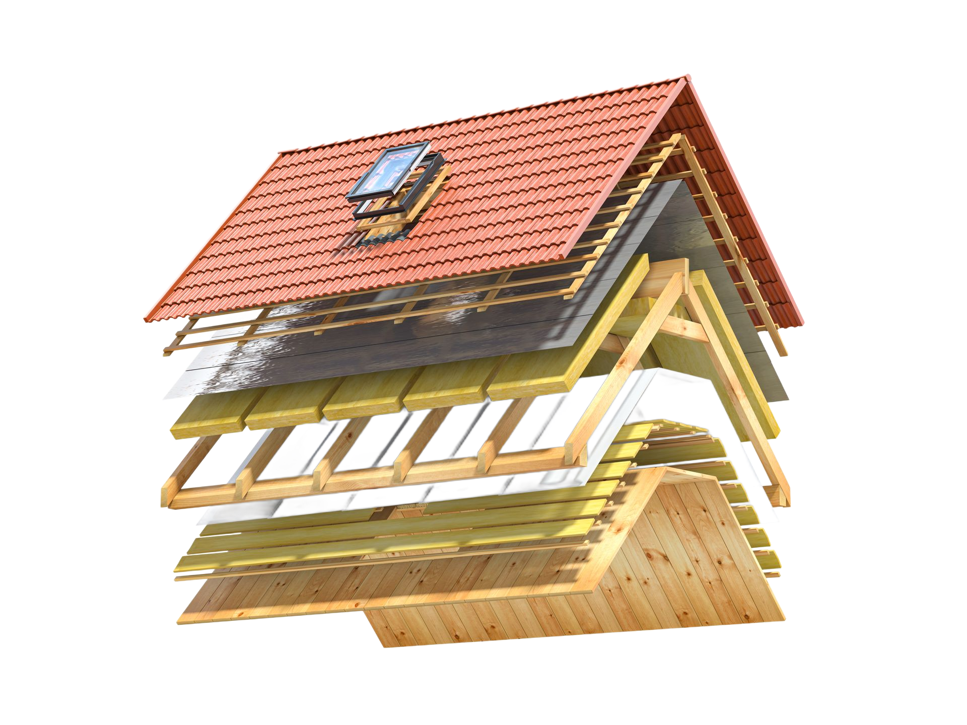 Vue éclatée d'un toit de maison avec des bardeaux rouges, des chevrons en bois et des couches d'isolation.