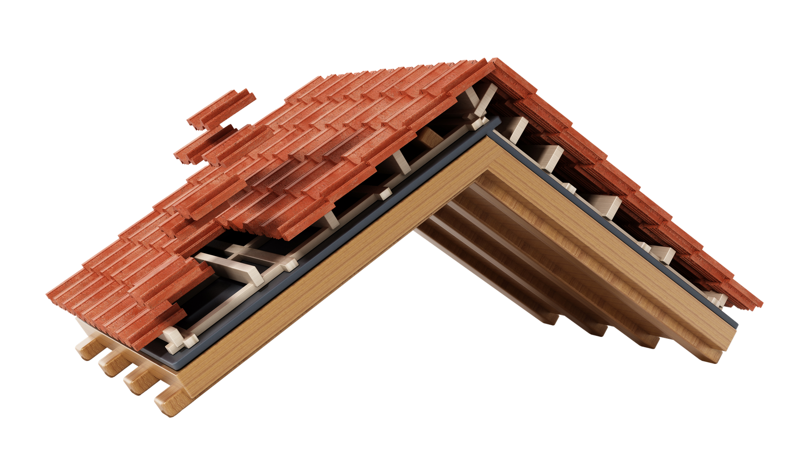 Coupe transversale d'un toit avec bardeaux rouges et chevrons en bois apparents.