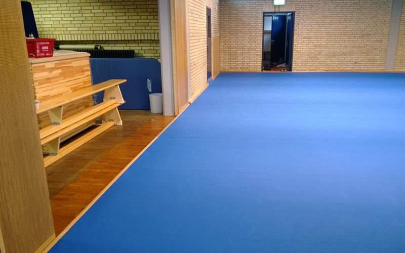 In der mitte des raumes liegt eine blaue matte.