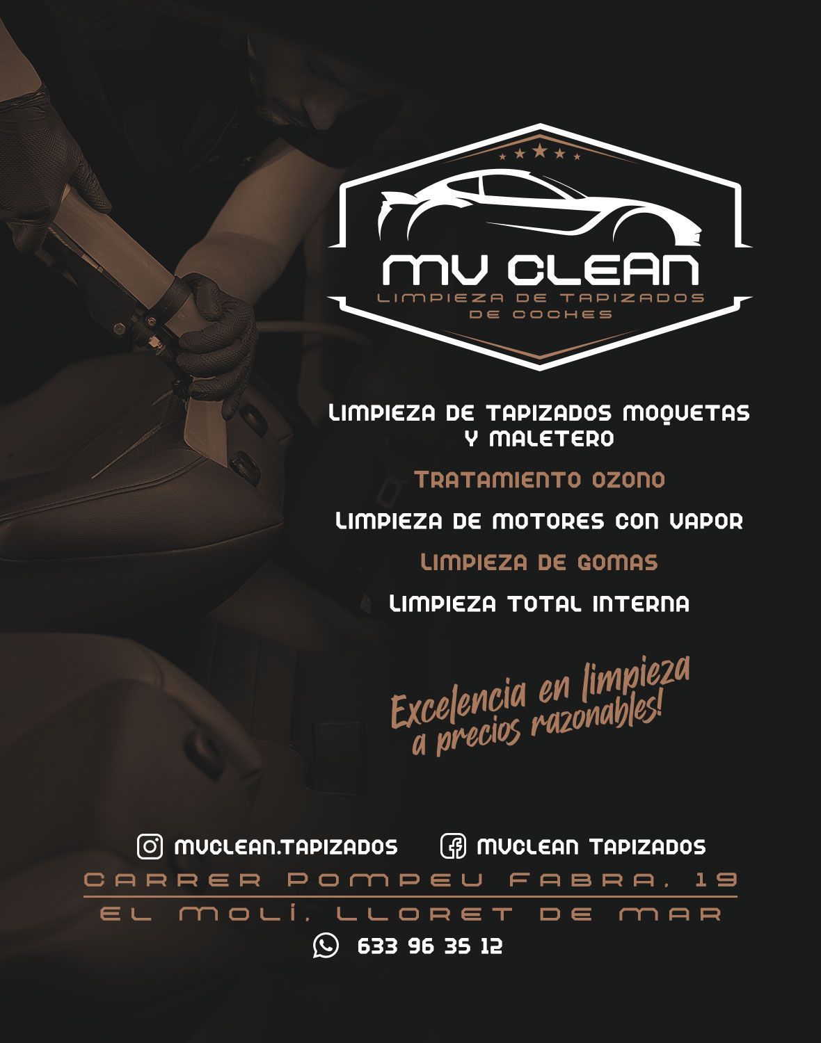 Un cartel de una empresa de limpieza de coches llamada Mu Clean.