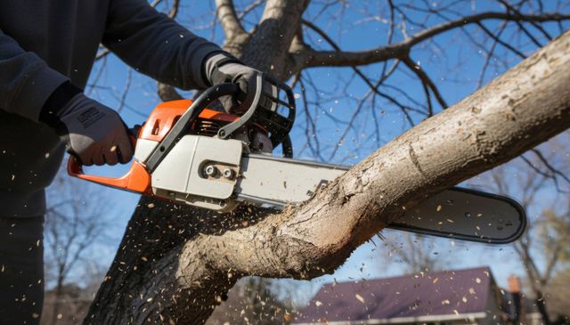 Une personne utilise une tronçonneuse orange pour couper une branche d'arbre à l'extérieur, de la sciure vole.