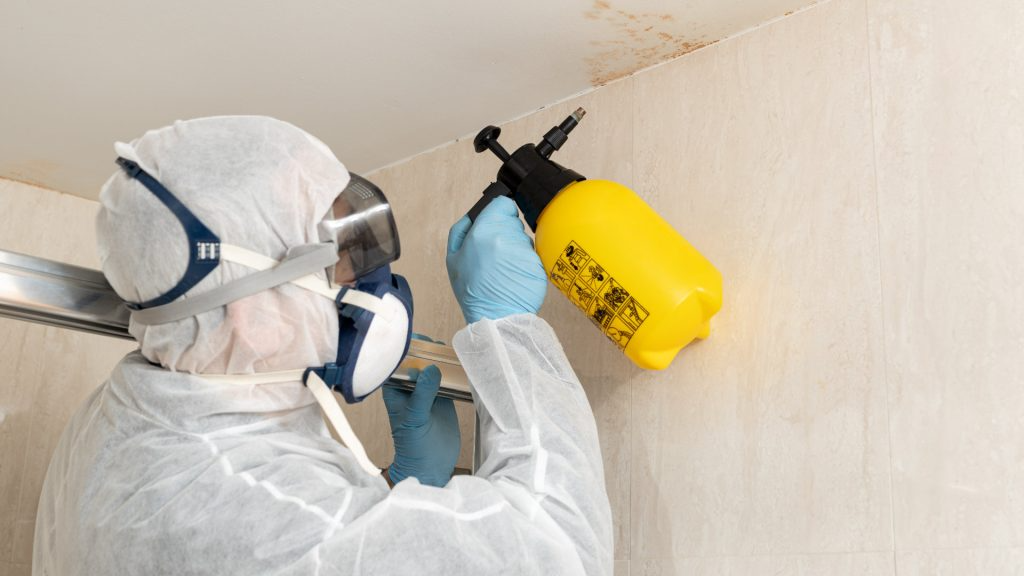 Suojapukuihin pukeutunut henkilö ruiskuttaa seinää, todennäköisesti homeenpoistoa varten.