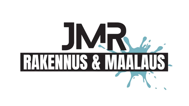 Logo for JMR Rakennus & Maalaus, black text and letters, light blue splash.