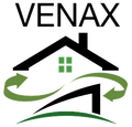 Venaxin logo, jossa on musta talon ääriviivat vihreillä nuolilla ja teksti yläpuolella.