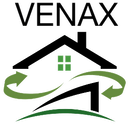 Venaxin logo, jossa on musta talon ääriviivat vihreillä nuolilla ja teksti yläpuolella.