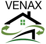Venaxin logo, jossa on musta talon ääriviivat vihreillä nuolilla ja teksti yläpuolella.