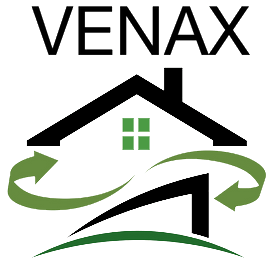 Venaxin logo, jossa on musta talon ääriviivat vihreillä nuolilla ja teksti yläpuolella.