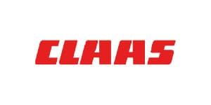 Ein rot-weißes Logo für Claas auf weißem Hintergrund